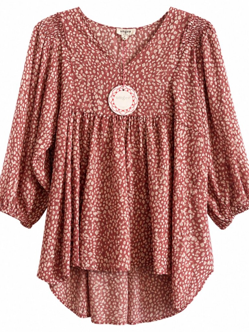 🔥NWT Umgee Tunic M Mauve Animal Print High-Low Flowy Smocked Sleeve Top🔥